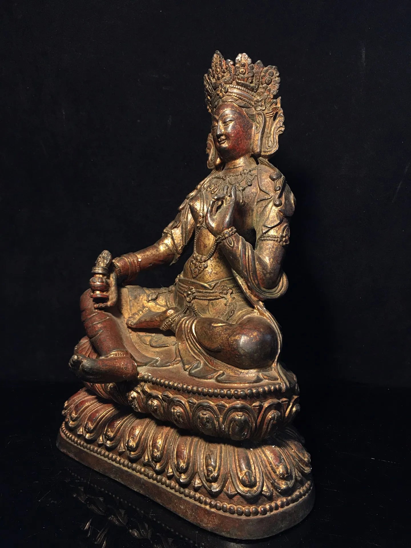 11"Tibetan Temple Collection Old Bronze Cinnabar Muddy gold Green Tara Bodhisattva Buddha Lotus Platform Worship Hall Town House