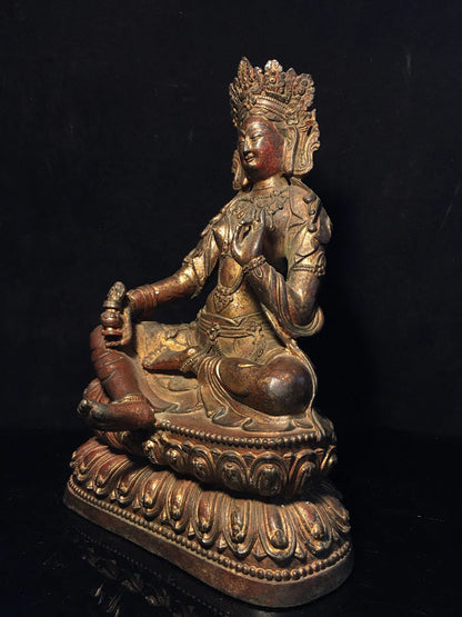11"Tibetan Temple Collection Old Bronze Cinnabar Muddy gold Green Tara Bodhisattva Buddha Lotus Platform Worship Hall Town House
