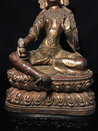 11"Tibetan Temple Collection Old Bronze Cinnabar Muddy gold Green Tara Bodhisattva Buddha Lotus Platform Worship Hall Town House