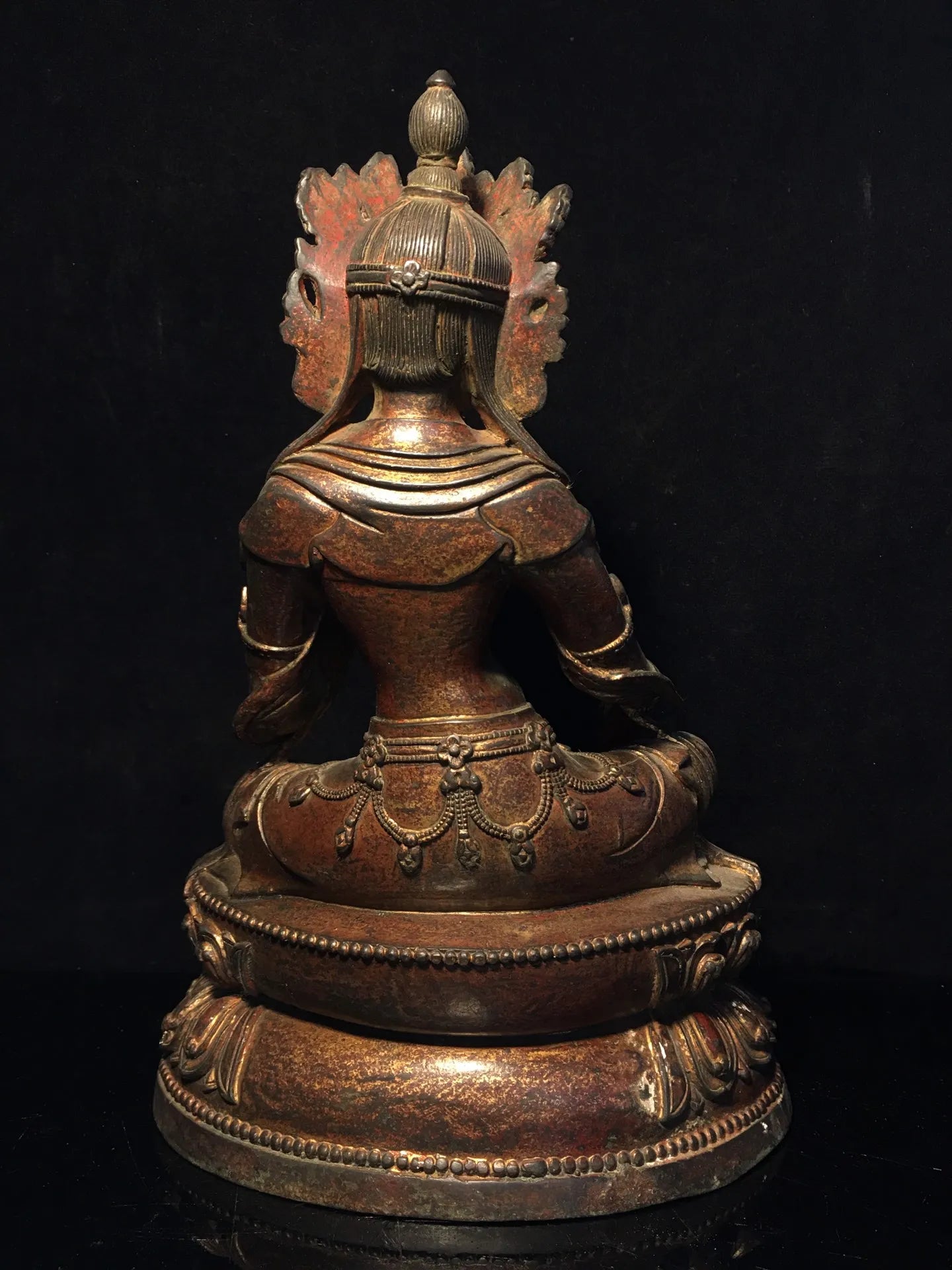 11"Tibetan Temple Collection Old Bronze Cinnabar Muddy gold Green Tara Bodhisattva Buddha Lotus Platform Worship Hall Town House