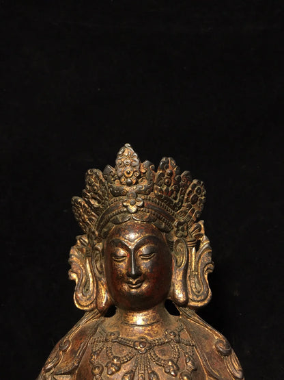 11"Tibetan Temple Collection Old Bronze Cinnabar Muddy gold Green Tara Bodhisattva Buddha Lotus Platform Worship Hall Town House