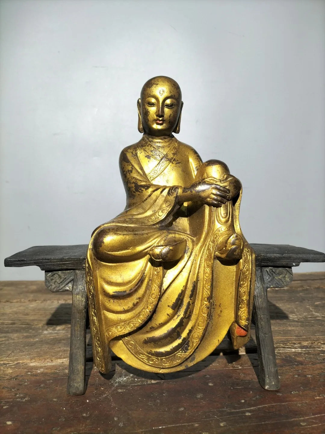 11"Tibetan Temple Collection Old Bronze CinnabarMud gold Northern Wei Buddha bench Buddha Amitabha worship hall Town house