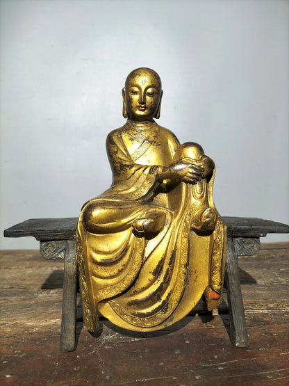 11"Tibetan Temple Collection Old Bronze CinnabarMud gold Northern Wei Buddha bench Buddha Amitabha worship hall Town house