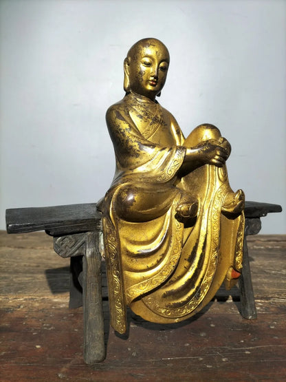 11"Tibetan Temple Collection Old Bronze CinnabarMud gold Northern Wei Buddha bench Buddha Amitabha worship hall Town house