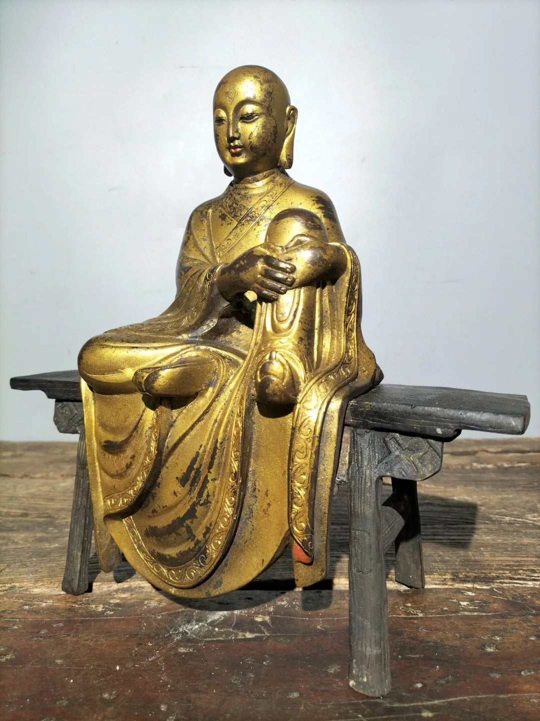 11"Tibetan Temple Collection Old Bronze CinnabarMud gold Northern Wei Buddha bench Buddha Amitabha worship hall Town house