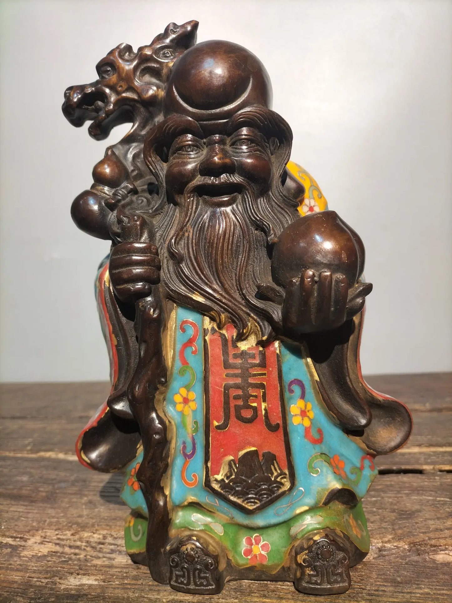 11"Tibetan Temple Collection Old Bronze Cloisonne Enamel Birthday Buddha longevity Buddha God of longevity ornament Town house