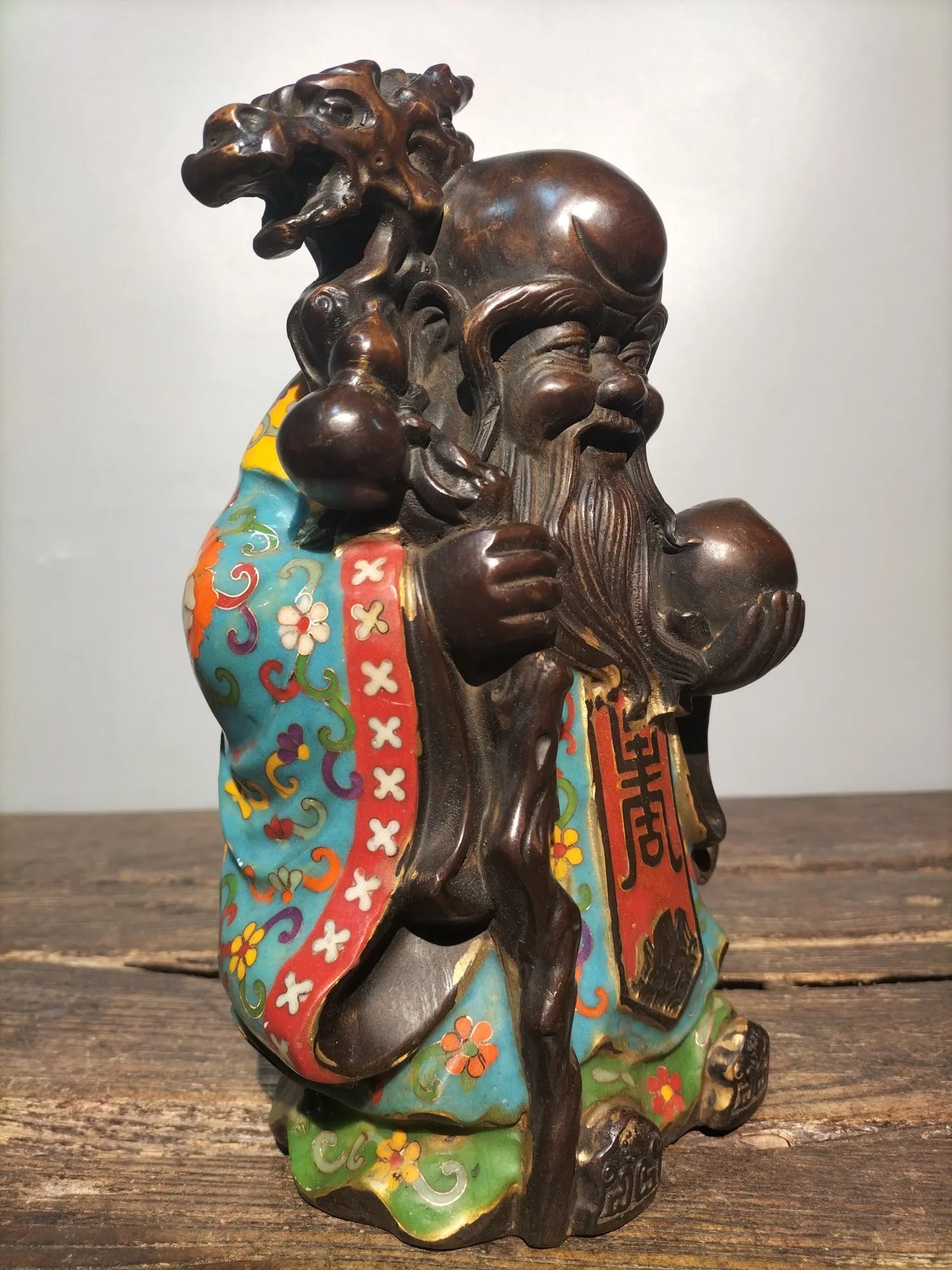 11"Tibetan Temple Collection Old Bronze Cloisonne Enamel Birthday Buddha longevity Buddha God of longevity ornament Town house