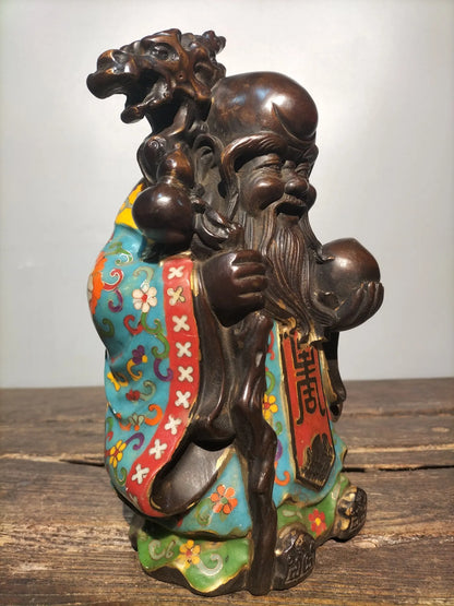 11"Tibetan Temple Collection Old Bronze Cloisonne Enamel Birthday Buddha longevity Buddha God of longevity ornament Town house