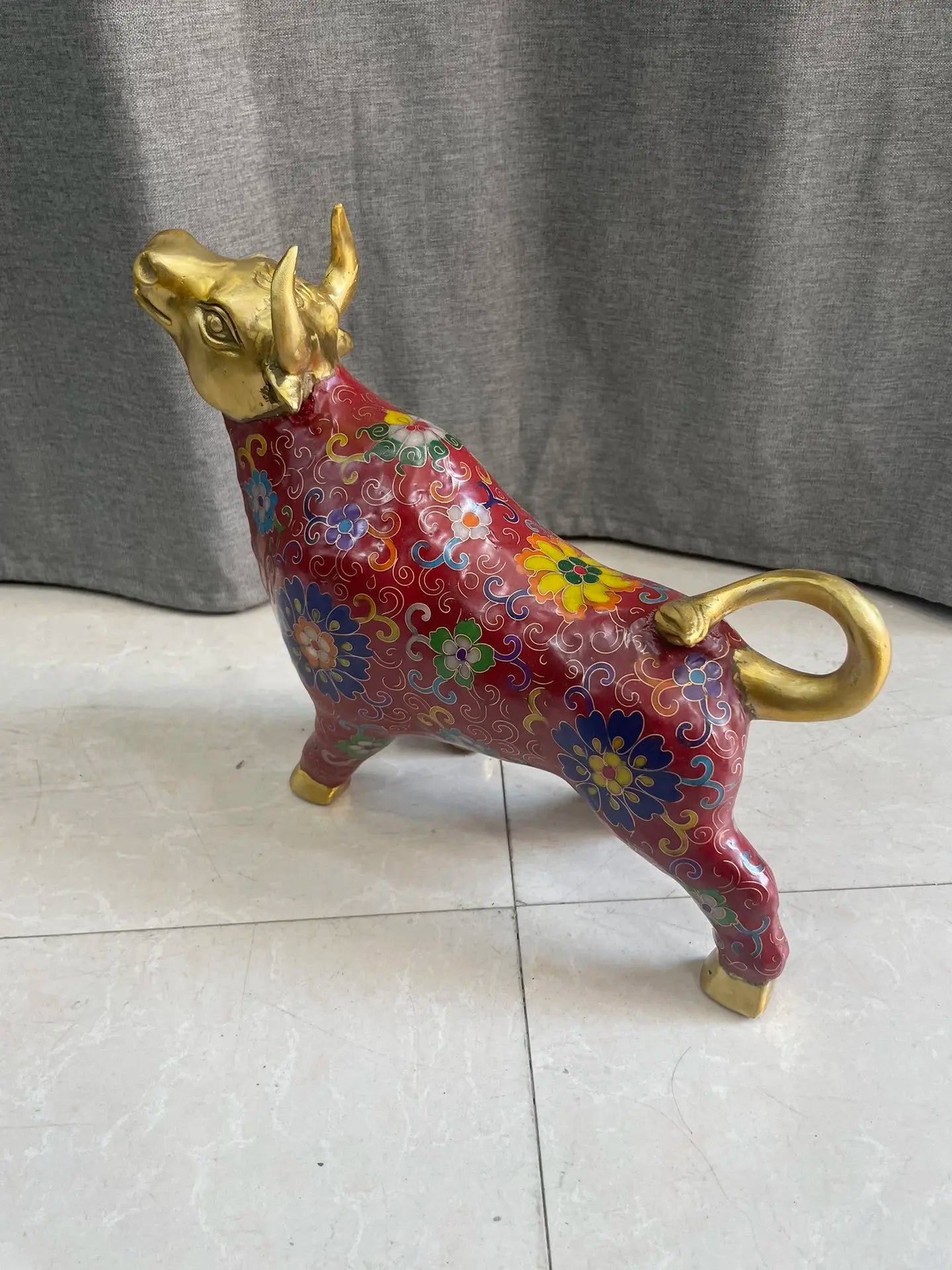 11"Tibetan Temple Collection Old Bronze Cloisonne Enamel Flower Pattern Bullish Struggle Bull Statue Amass wealth Ornaments