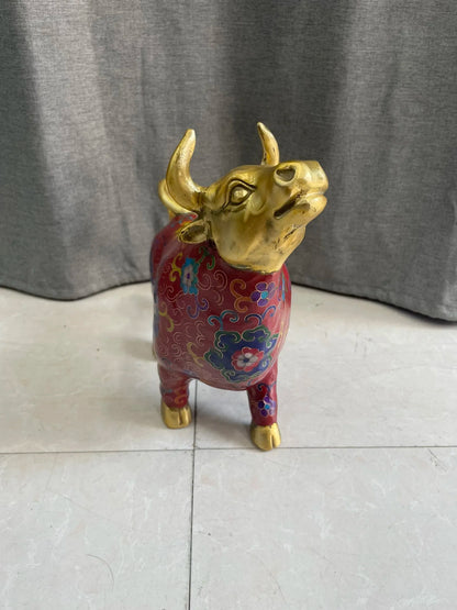 11"Tibetan Temple Collection Old Bronze Cloisonne Enamel Flower Pattern Bullish Struggle Bull Statue Amass wealth Ornaments