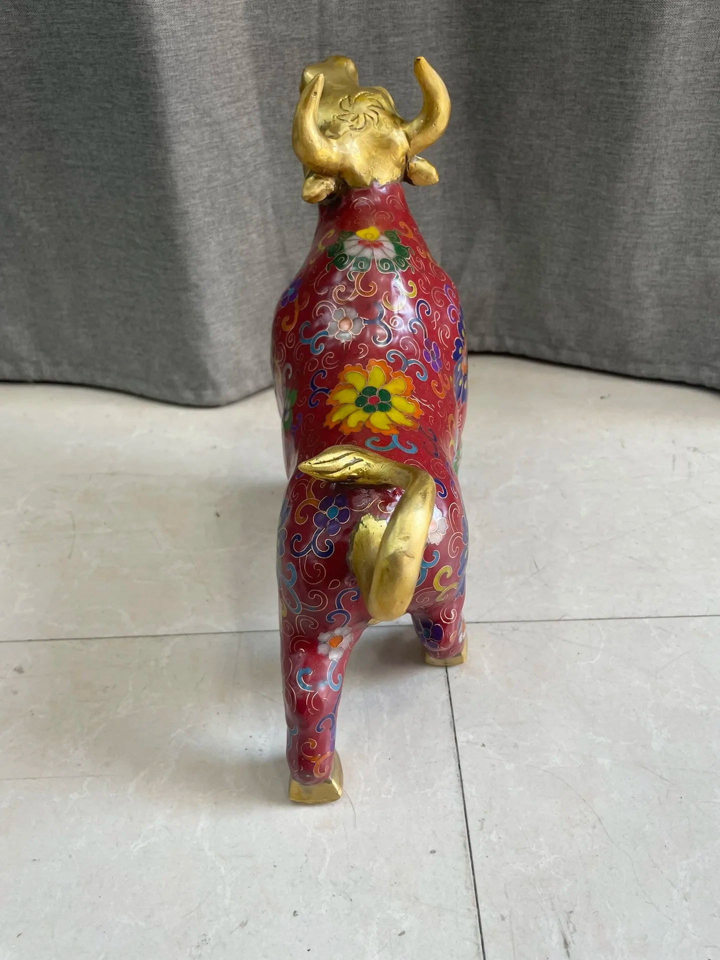 11"Tibetan Temple Collection Old Bronze Cloisonne Enamel Flower Pattern Bullish Struggle Bull Statue Amass wealth Ornaments