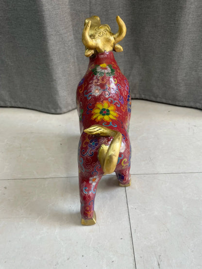 11"Tibetan Temple Collection Old Bronze Cloisonne Enamel Flower Pattern Bullish Struggle Bull Statue Amass wealth Ornaments