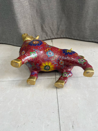 11"Tibetan Temple Collection Old Bronze Cloisonne Enamel Flower Pattern Bullish Struggle Bull Statue Amass wealth Ornaments