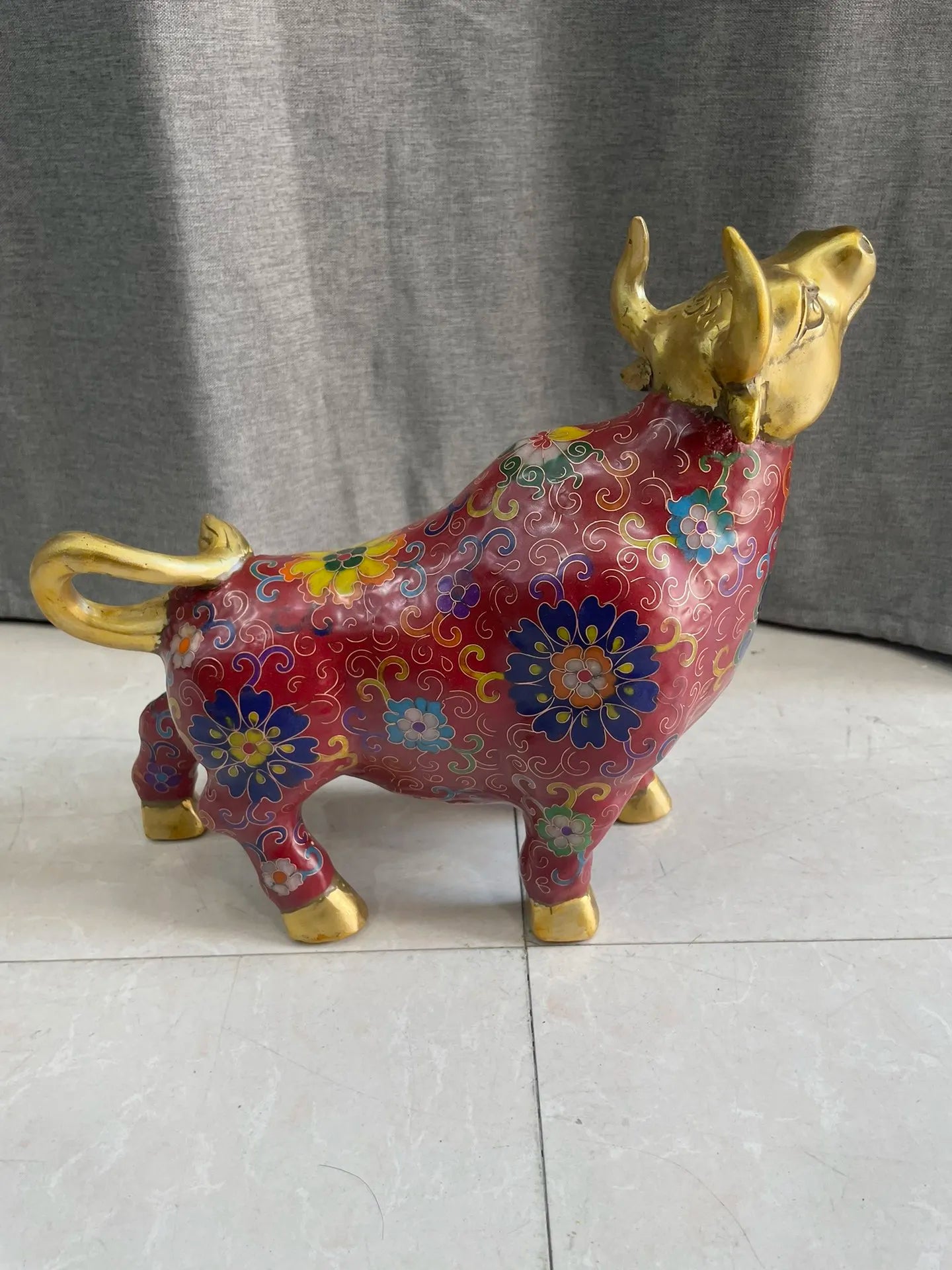 11"Tibetan Temple Collection Old Bronze Cloisonne Enamel Flower Pattern Bullish Struggle Bull Statue Amass wealth Ornaments