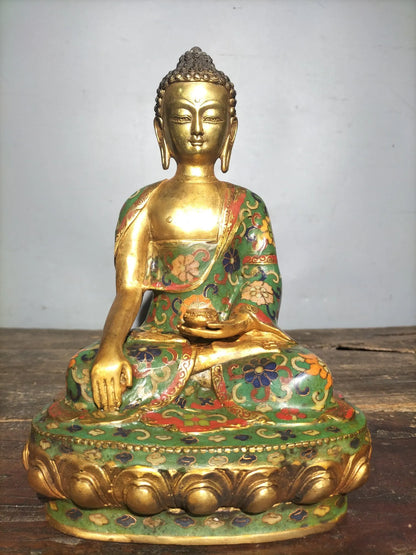 11"Tibetan Temple Collection Old Bronze Cloisonne Enamel Shakyamuni lotus platform Sitting Buddha Worship Hall Town house