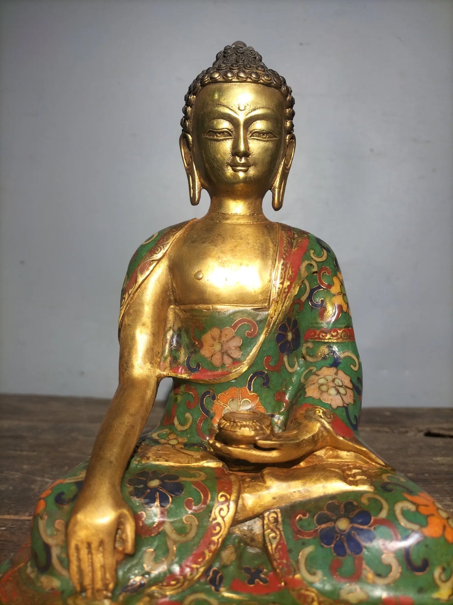 11"Tibetan Temple Collection Old Bronze Cloisonne Enamel Shakyamuni lotus platform Sitting Buddha Worship Hall Town house