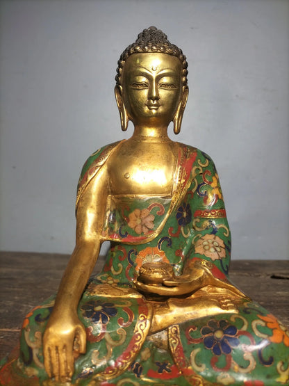 11"Tibetan Temple Collection Old Bronze Cloisonne Enamel Shakyamuni lotus platform Sitting Buddha Worship Hall Town house