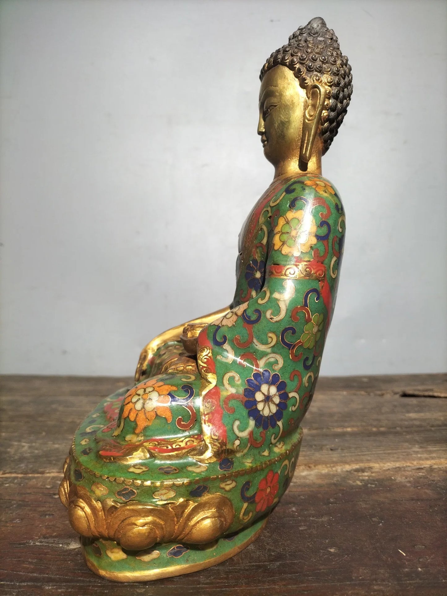 11"Tibetan Temple Collection Old Bronze Cloisonne Enamel Shakyamuni lotus platform Sitting Buddha Worship Hall Town house