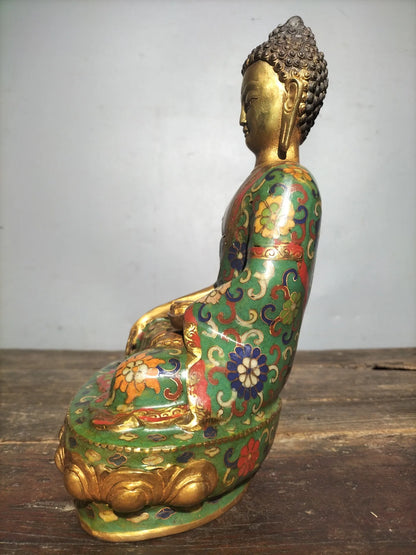 11"Tibetan Temple Collection Old Bronze Cloisonne Enamel Shakyamuni lotus platform Sitting Buddha Worship Hall Town house