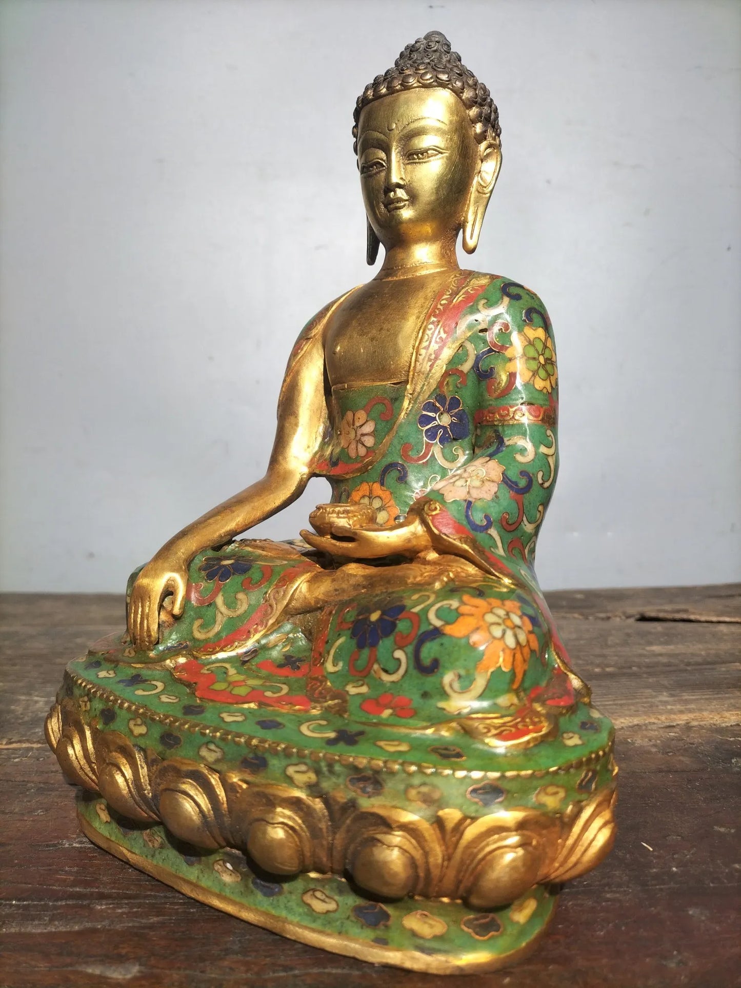 11"Tibetan Temple Collection Old Bronze Cloisonne Enamel Shakyamuni lotus platform Sitting Buddha Worship Hall Town house