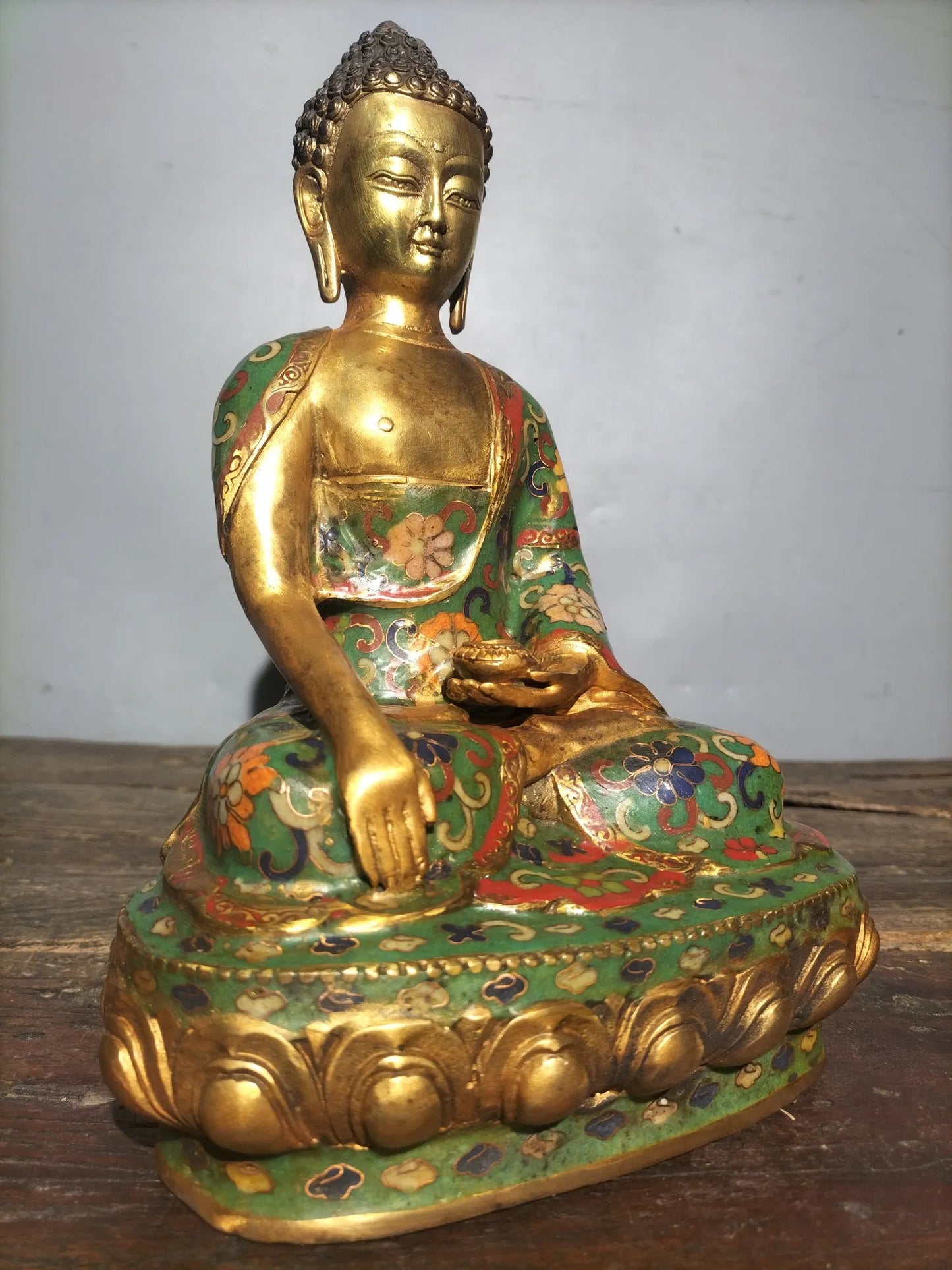 11"Tibetan Temple Collection Old Bronze Cloisonne Enamel Shakyamuni lotus platform Sitting Buddha Worship Hall Town house