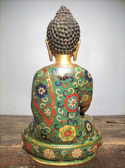 11"Tibetan Temple Collection Old Bronze Cloisonne Enamel Shakyamuni lotus platform Sitting Buddha Worship Hall Town house