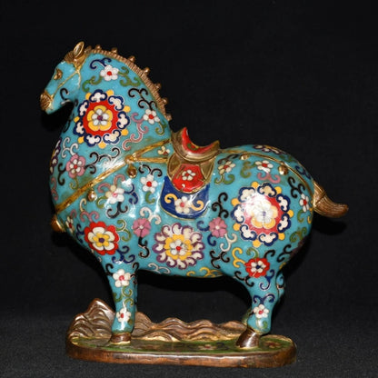 11"Tibetan Temple Collection Old Bronze Cloisonne Enamel Tang horse statue Lucky Horse Gather fortune ornament Town House