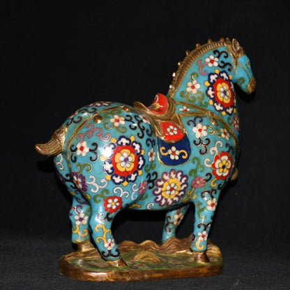 11"Tibetan Temple Collection Old Bronze Cloisonne Enamel Tang horse statue Lucky Horse Gather fortune ornament Town House