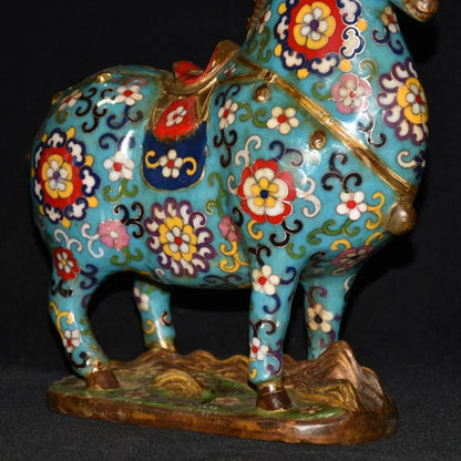 11"Tibetan Temple Collection Old Bronze Cloisonne Enamel Tang horse statue Lucky Horse Gather fortune ornament Town House