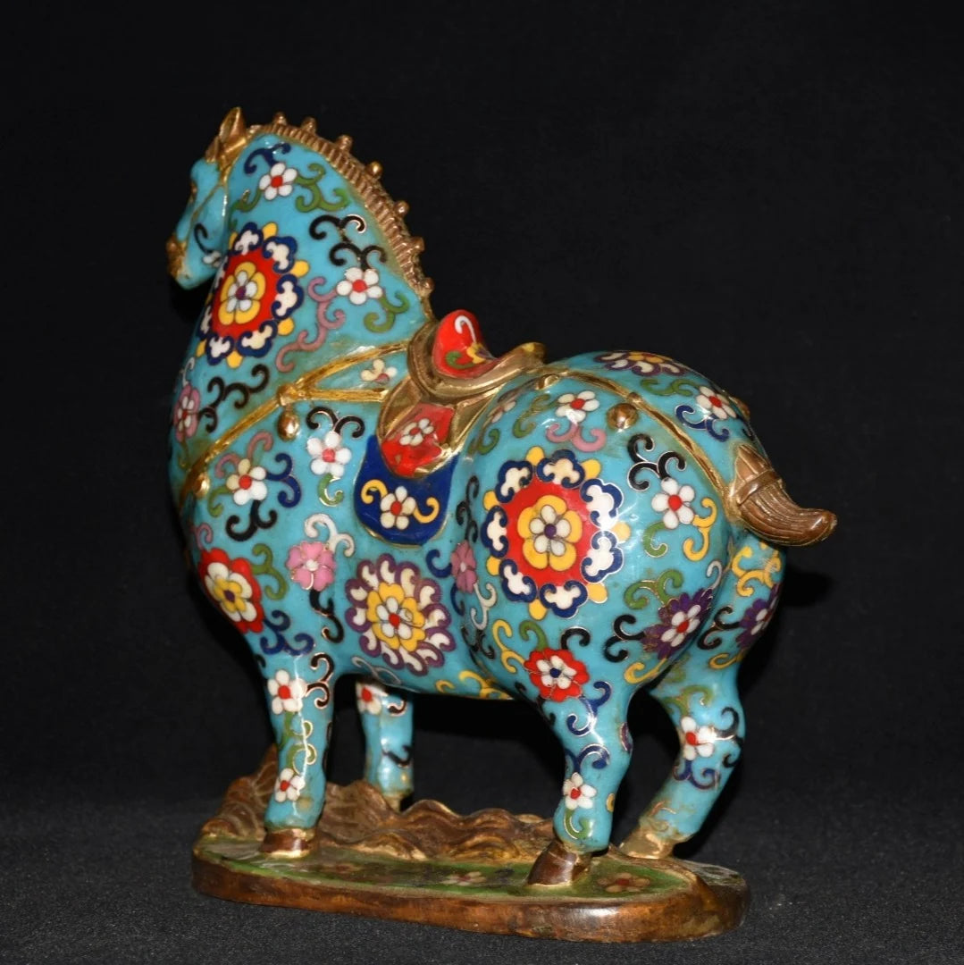 11"Tibetan Temple Collection Old Bronze Cloisonne Enamel Tang horse statue Lucky Horse Gather fortune ornament Town House