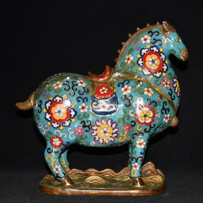 11"Tibetan Temple Collection Old Bronze Cloisonne Enamel Tang horse statue Lucky Horse Gather fortune ornament Town House