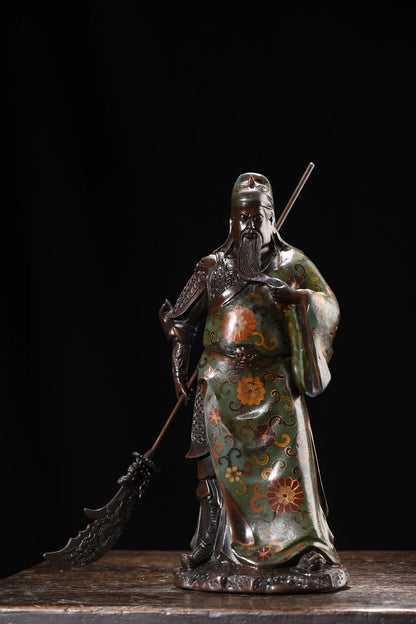 11"Tibetan Temple Collection Old Bronze Cloisonne Flower Texture Guan Yu Guan Yunchang god of wealth Worship Hall Town house