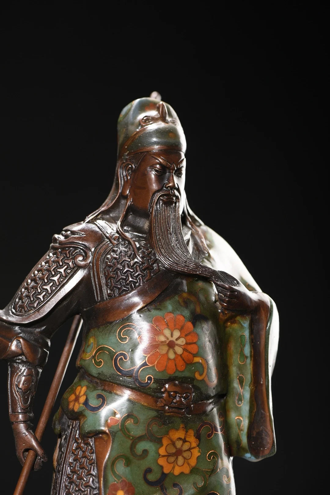 11"Tibetan Temple Collection Old Bronze Cloisonne Flower Texture Guan Yu Guan Yunchang god of wealth Worship Hall Town house