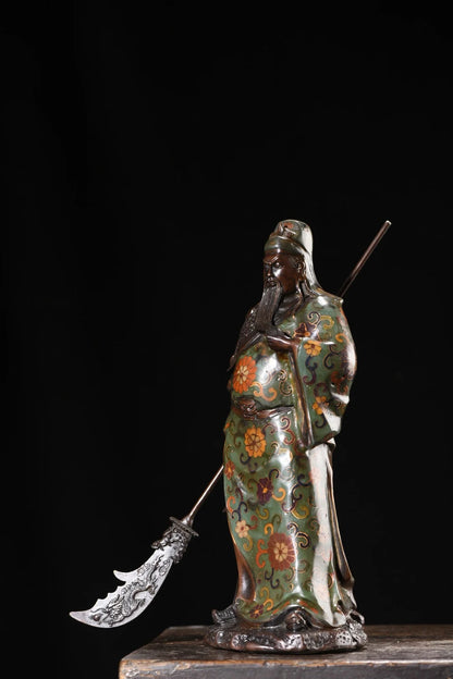 11"Tibetan Temple Collection Old Bronze Cloisonne Flower Texture Guan Yu Guan Yunchang god of wealth Worship Hall Town house