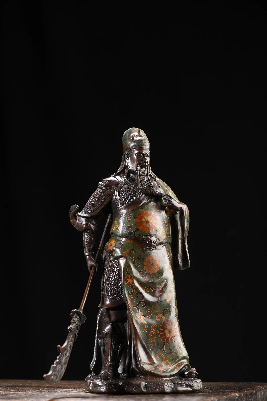 11"Tibetan Temple Collection Old Bronze Cloisonne Flower Texture Guan Yu Guan Yunchang god of wealth Worship Hall Town house