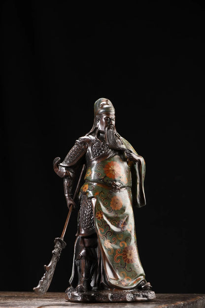 11"Tibetan Temple Collection Old Bronze Cloisonne Flower Texture Guan Yu Guan Yunchang god of wealth Worship Hall Town house