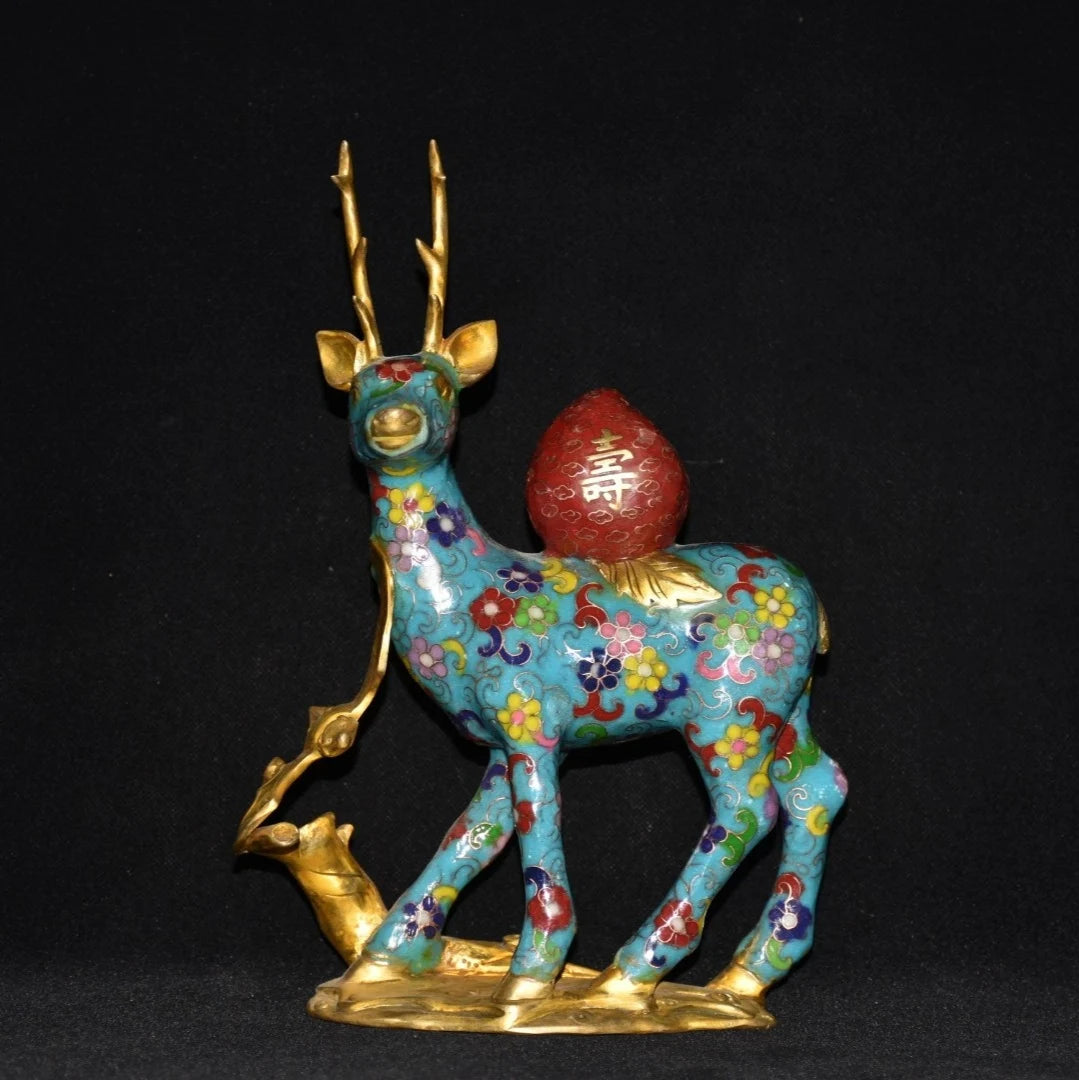 11"Tibetan Temple Collection Old Bronze Cloisonne Gilt Sika Deer Shou Tao Gather fortune office ornament Town house Exorcism
