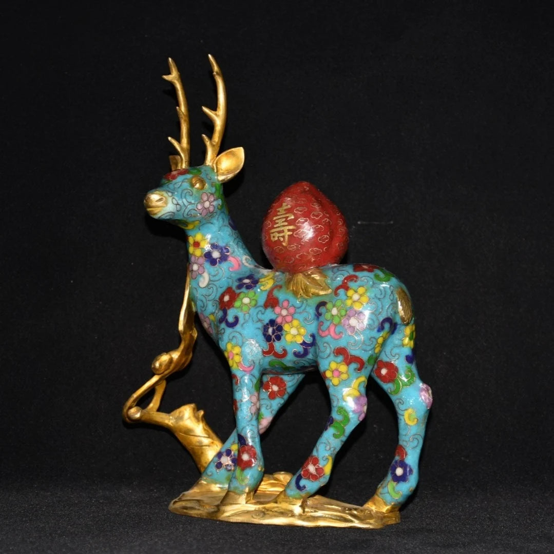 11"Tibetan Temple Collection Old Bronze Cloisonne Gilt Sika Deer Shou Tao Gather fortune office ornament Town house Exorcism