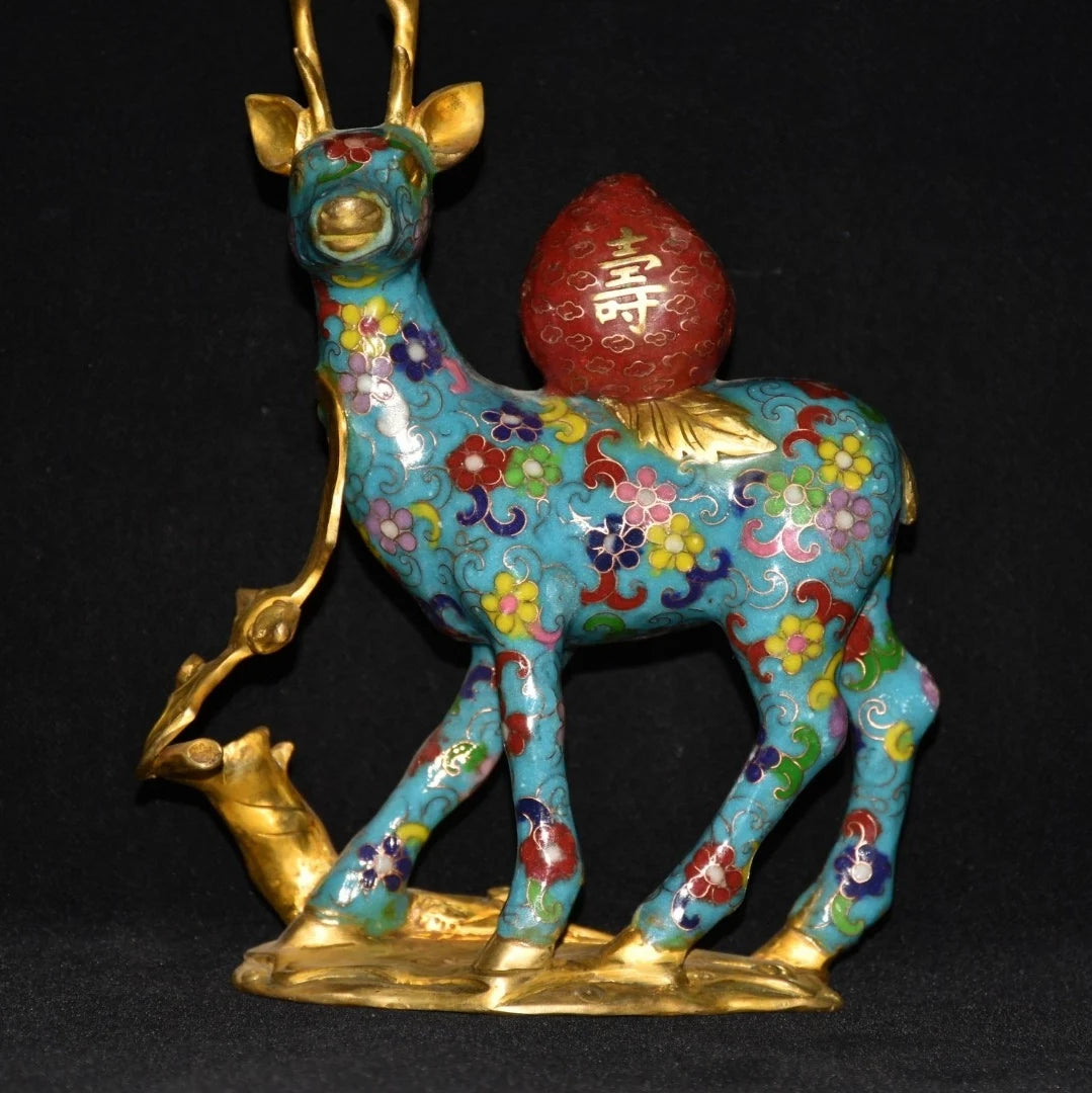 11"Tibetan Temple Collection Old Bronze Cloisonne Gilt Sika Deer Shou Tao Gather fortune office ornament Town house Exorcism