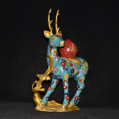 11"Tibetan Temple Collection Old Bronze Cloisonne Gilt Sika Deer Shou Tao Gather fortune office ornament Town house Exorcism