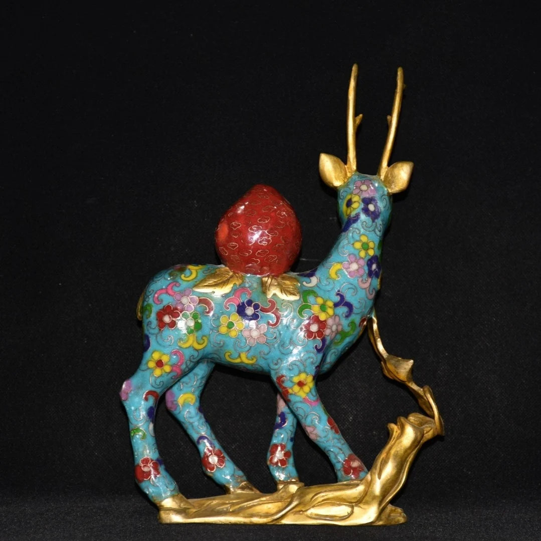 11"Tibetan Temple Collection Old Bronze Cloisonne Gilt Sika Deer Shou Tao Gather fortune office ornament Town house Exorcism