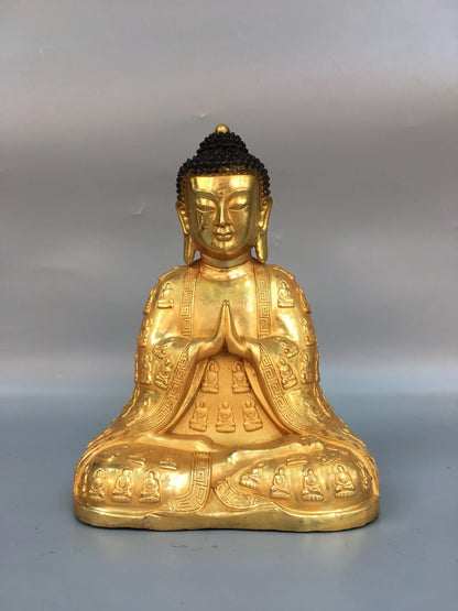11"Tibetan Temple Collection Old Bronze Gilded Amitabha Shakyamuni Buddha statue cassock Sitting Buddha Worship Hall Town house