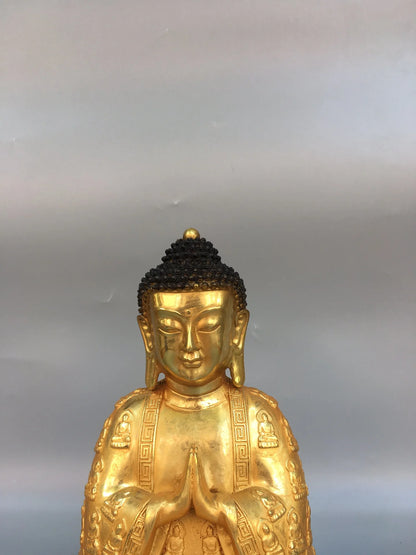 11"Tibetan Temple Collection Old Bronze Gilded Amitabha Shakyamuni Buddha statue cassock Sitting Buddha Worship Hall Town house