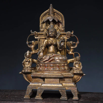 11"Tibetan Temple Collection Old Bronze Gilded Cinnabar Mud gold Northern Wei Buddha Shakyamuni Sitting Buddha Worship Hall