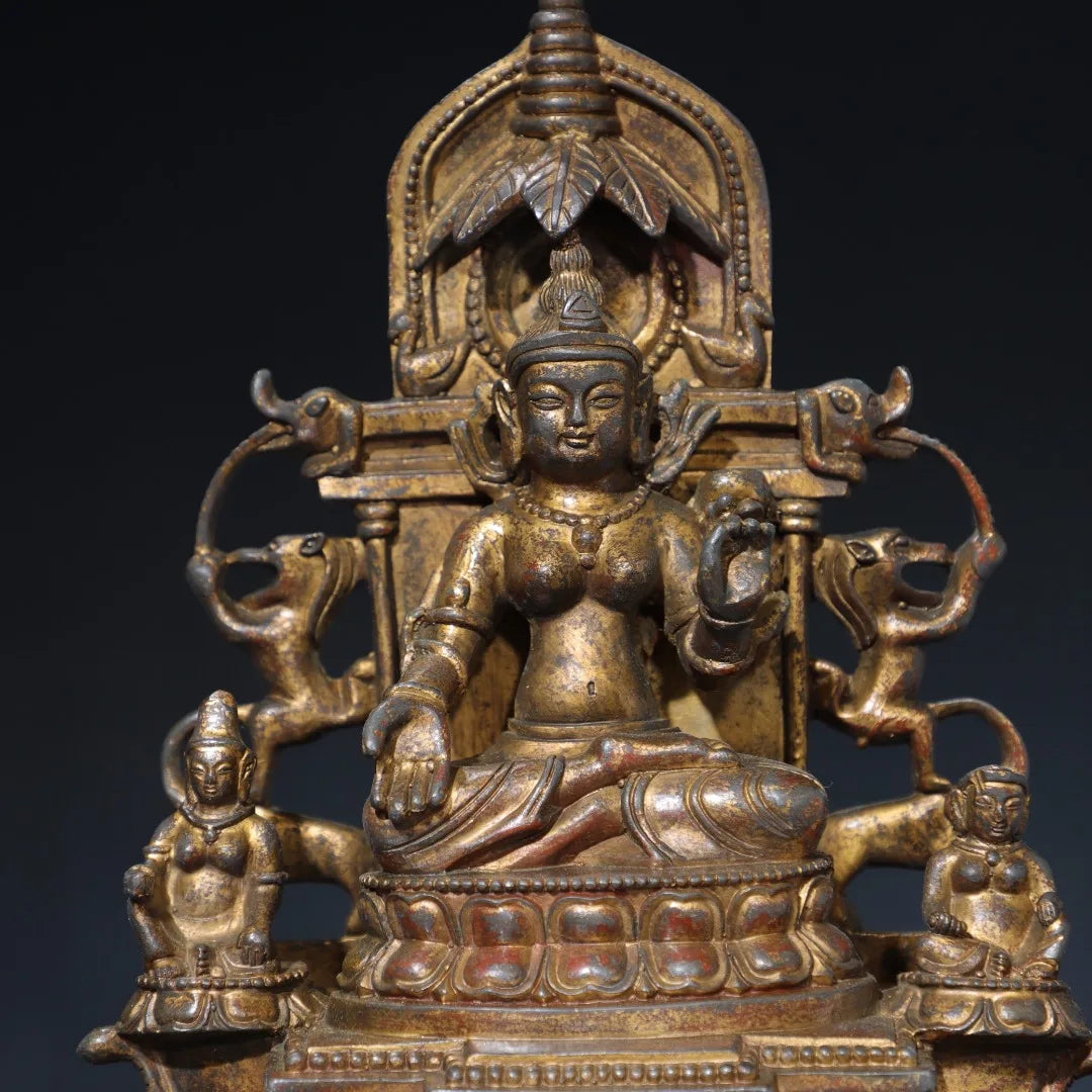 11"Tibetan Temple Collection Old Bronze Gilded Cinnabar Mud gold Northern Wei Buddha Shakyamuni Sitting Buddha Worship Hall