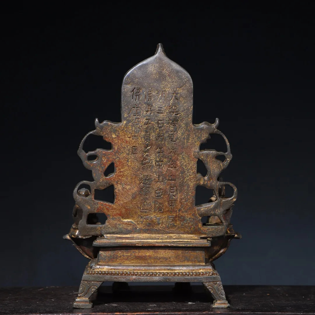 11"Tibetan Temple Collection Old Bronze Gilded Cinnabar Mud gold Northern Wei Buddha Shakyamuni Sitting Buddha Worship Hall