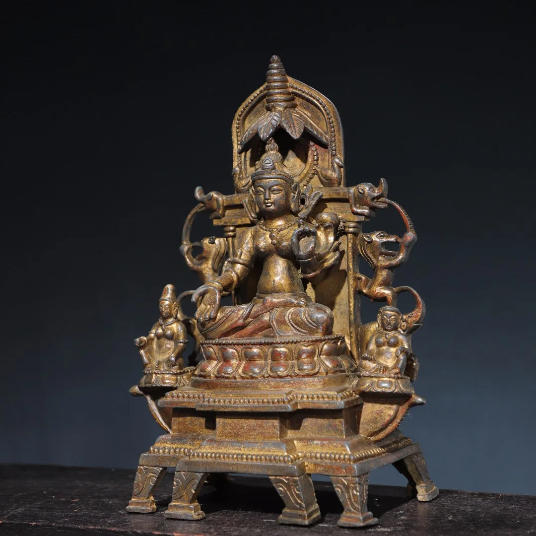 11"Tibetan Temple Collection Old Bronze Gilded Cinnabar Mud gold Northern Wei Buddha Shakyamuni Sitting Buddha Worship Hall