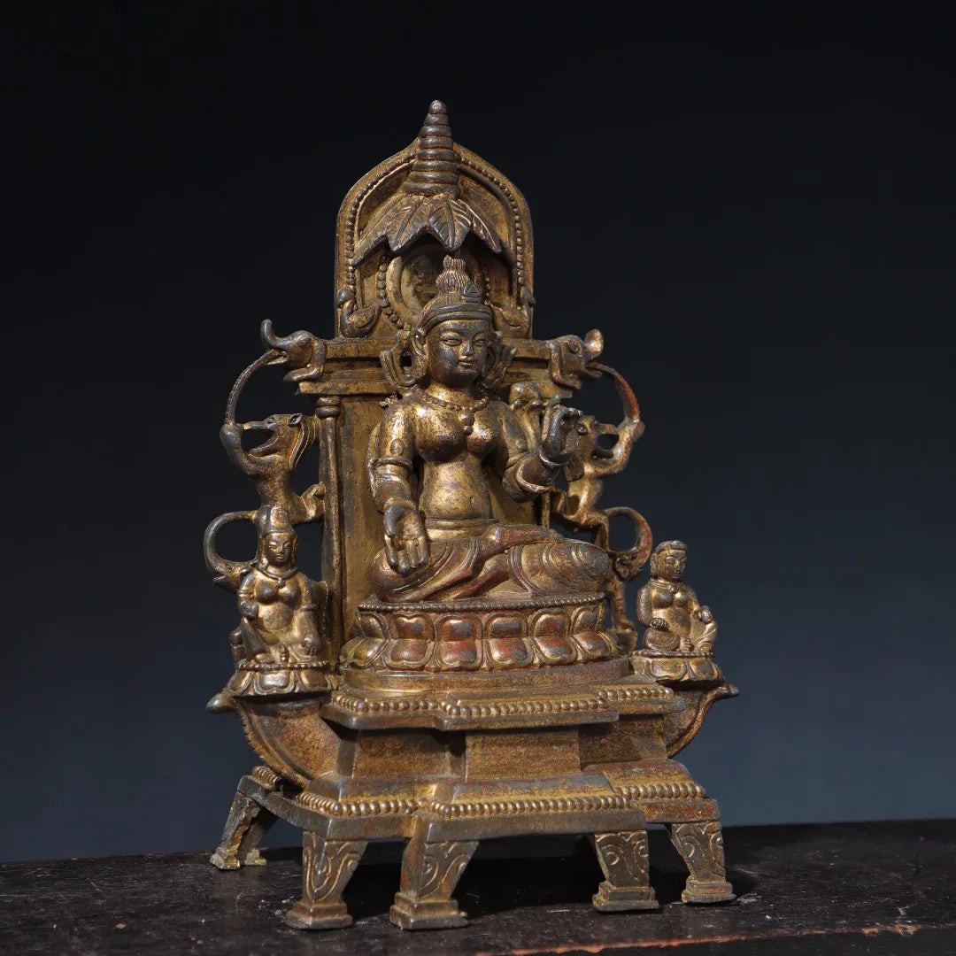 11"Tibetan Temple Collection Old Bronze Gilded Cinnabar Mud gold Northern Wei Buddha Shakyamuni Sitting Buddha Worship Hall