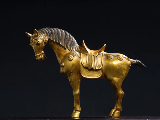 11"Tibetan Temple Collection Old Bronze Gilded Cinnabar Tang Ma Horse Statue Amass wealth Ornaments Town house Exorcism