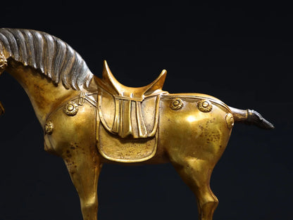 11"Tibetan Temple Collection Old Bronze Gilded Cinnabar Tang Ma Horse Statue Amass wealth Ornaments Town house Exorcism